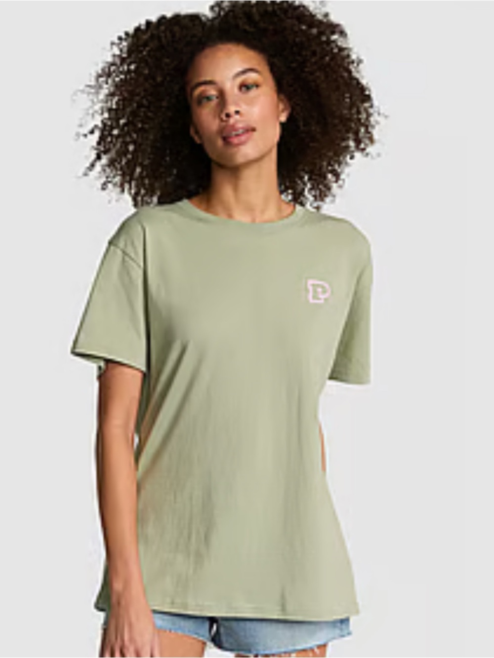 PINK Victoria's Secret Light Sage Green Crewneck Tee with Pink Logo Tag